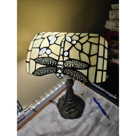 Tiffany Dragonfly Desk Lamp Black and White 16" Pull String - Picture 1 of 3